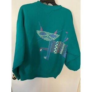 Hanes Classics Teal‎ Cat Graphic Sweatshirt XL USA Retro Funky geometrical VTG